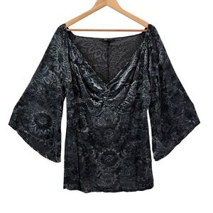 Babydoll Ruched Burnout Velvet Blouse‎ Top 22/24 Bell Sleeve V-Neck Whimsigoth